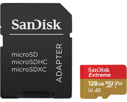 Карта памяти SanDisk Extreme microSDXC 128GB + SD Adapter 160МB/s, Class 10 UHS-I U3 (SDSQXA1-128G-GN6MA)